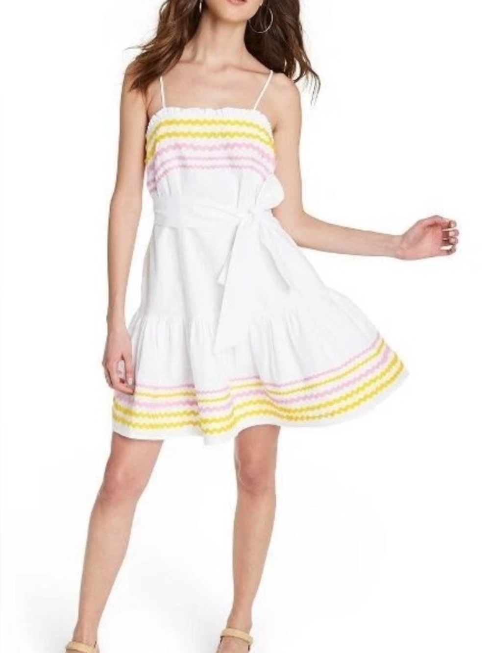 Lisa Marie Fernandez White Spaghetti-Strap Dress with Yellow and Pink Trim